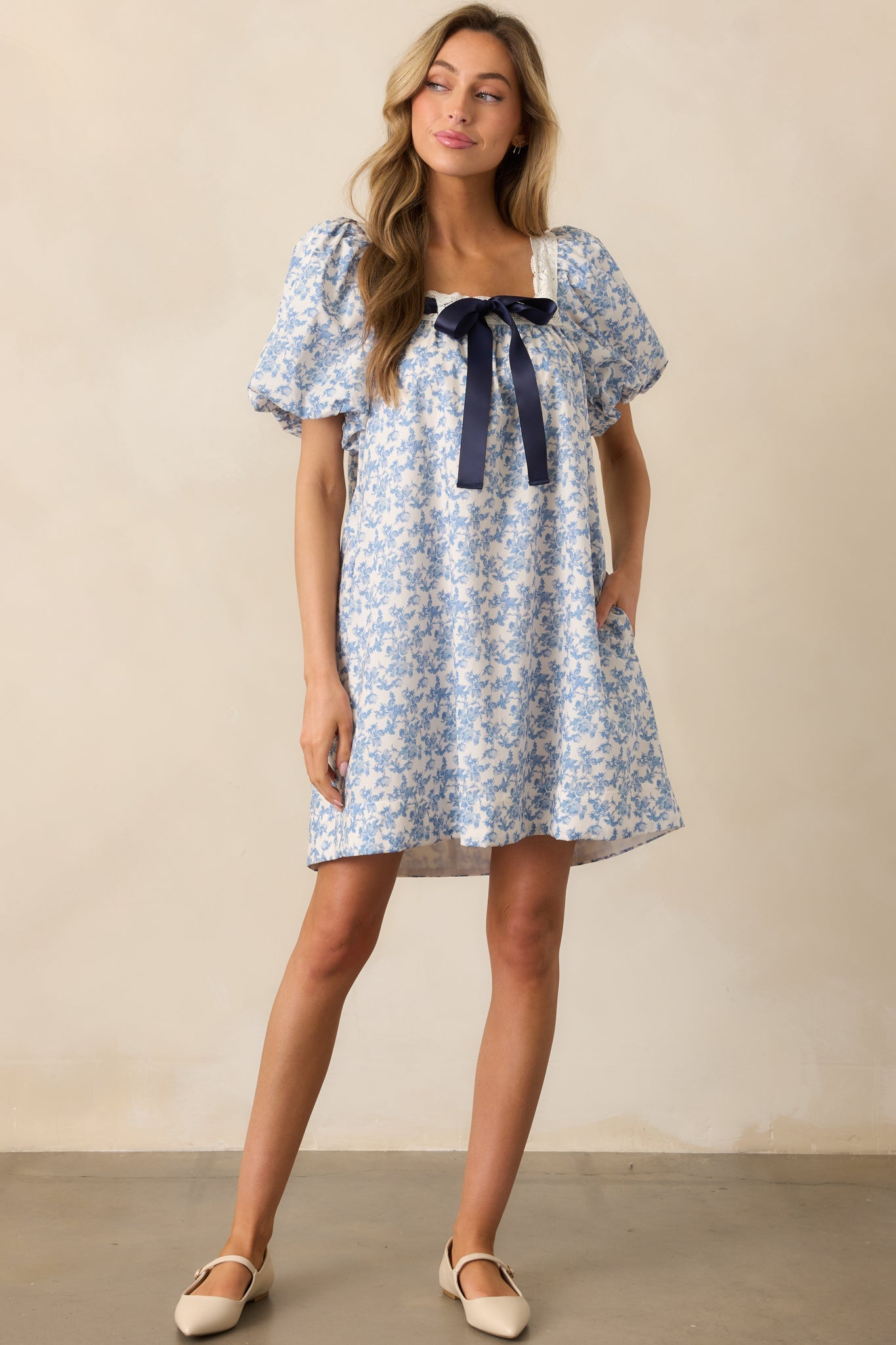 Frolic Through Fields Cotton Blue Floral Mini Dress