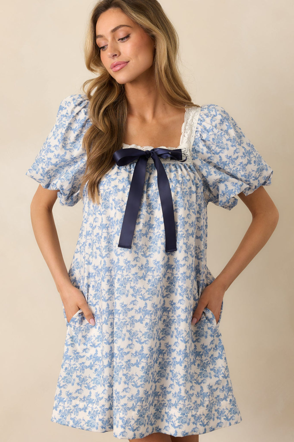 Frolic Through Fields Cotton Blue Floral Mini Dress