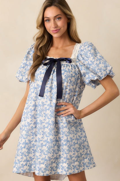 Frolic Through Fields Cotton Blue Floral Mini Dress