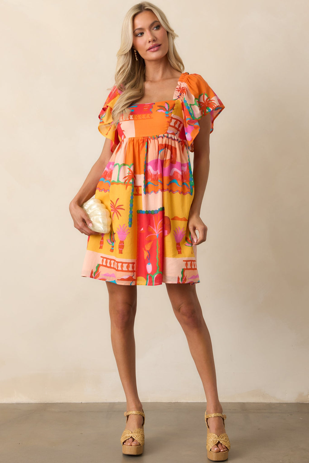 By The Shore Orange Tropical Print Cotton Mini Dress