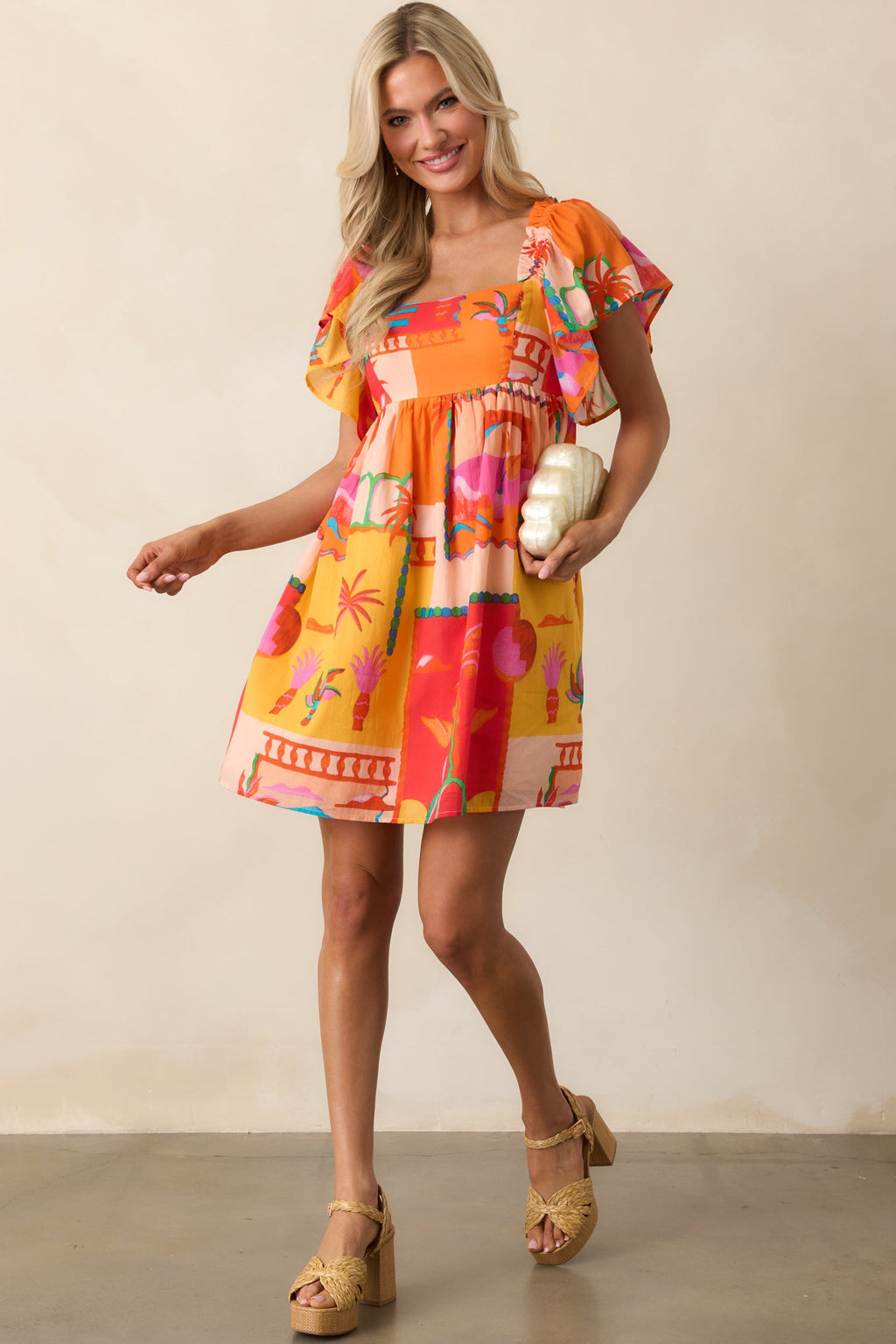 By The Shore Orange Tropical Print Cotton Mini Dress
