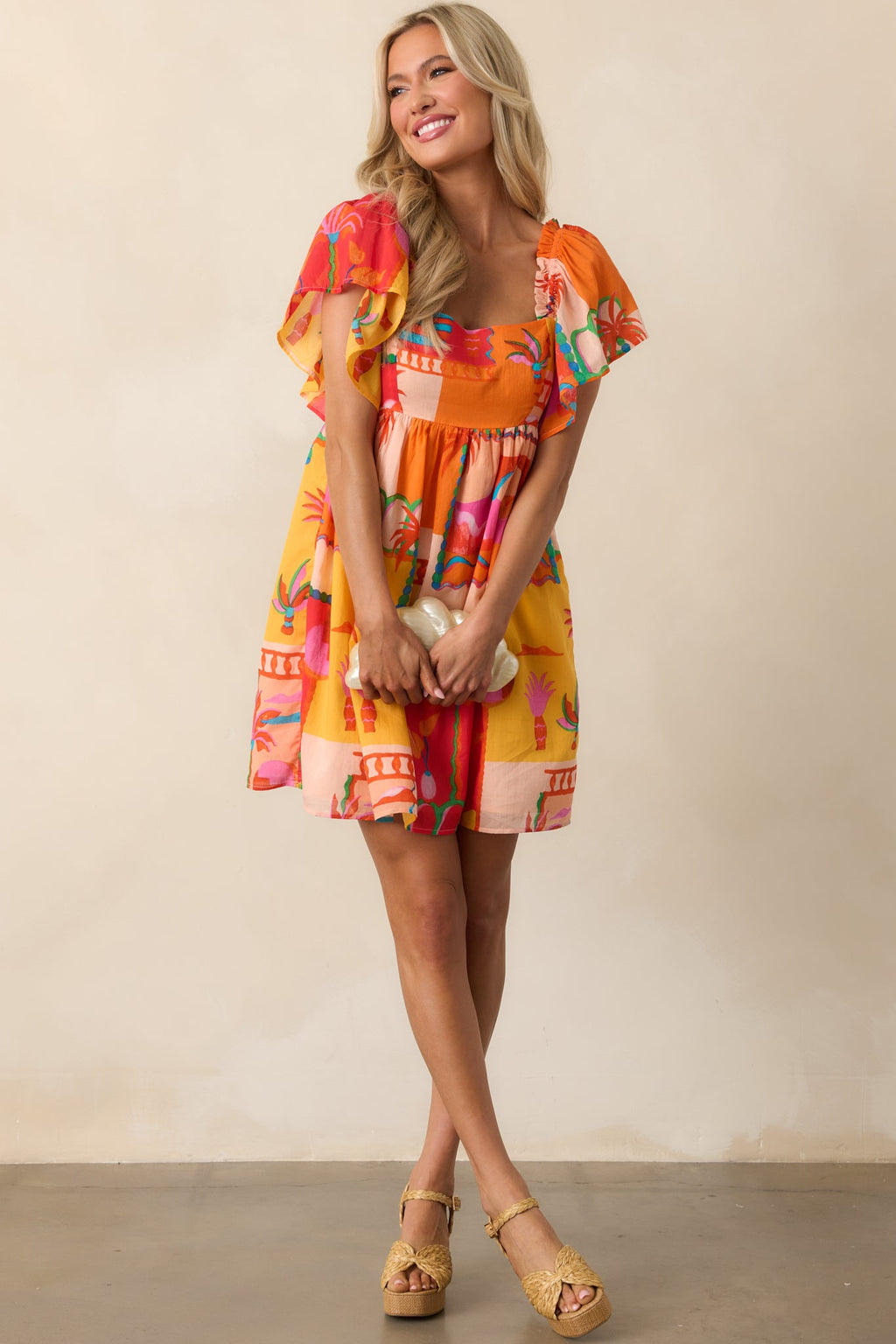 By The Shore Orange Tropical Print Cotton Mini Dress