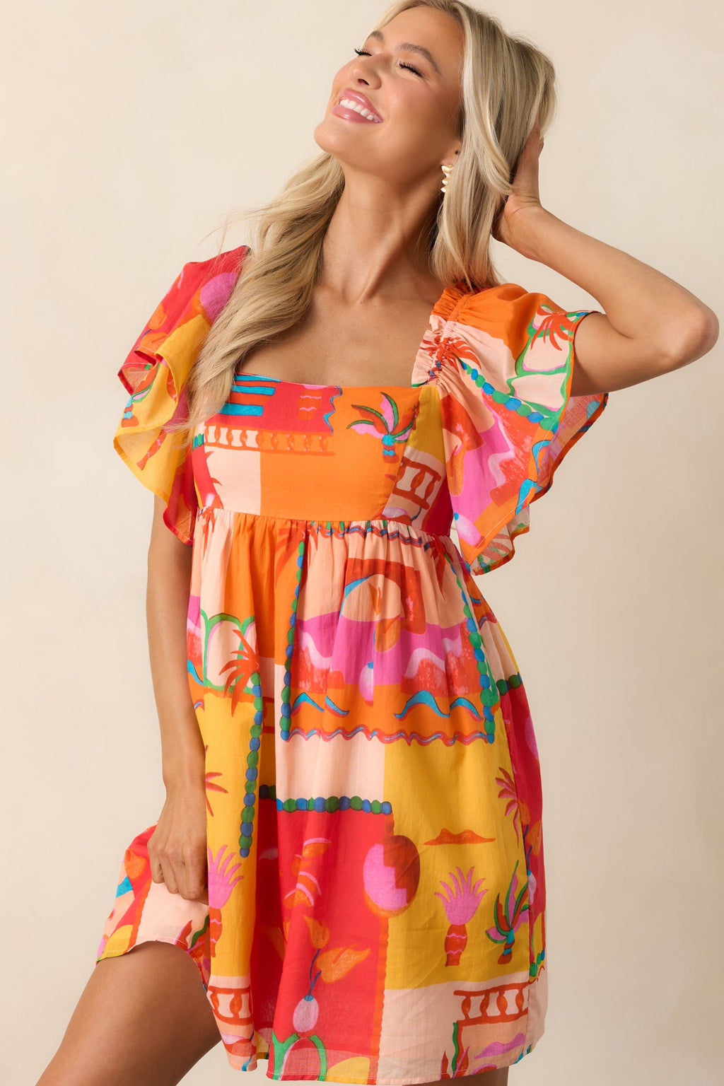 By The Shore Orange Tropical Print Cotton Mini Dress