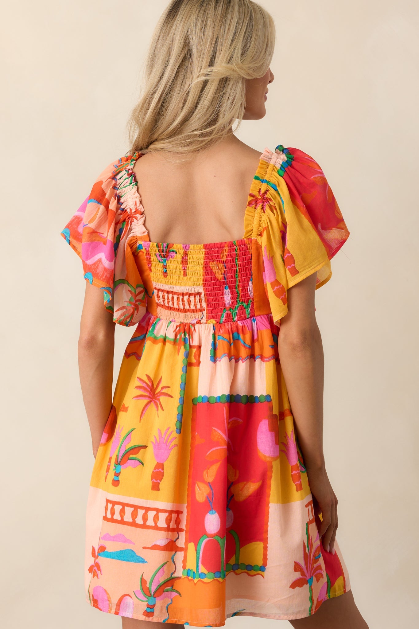 By The Shore Orange Tropical Print Cotton Mini Dress