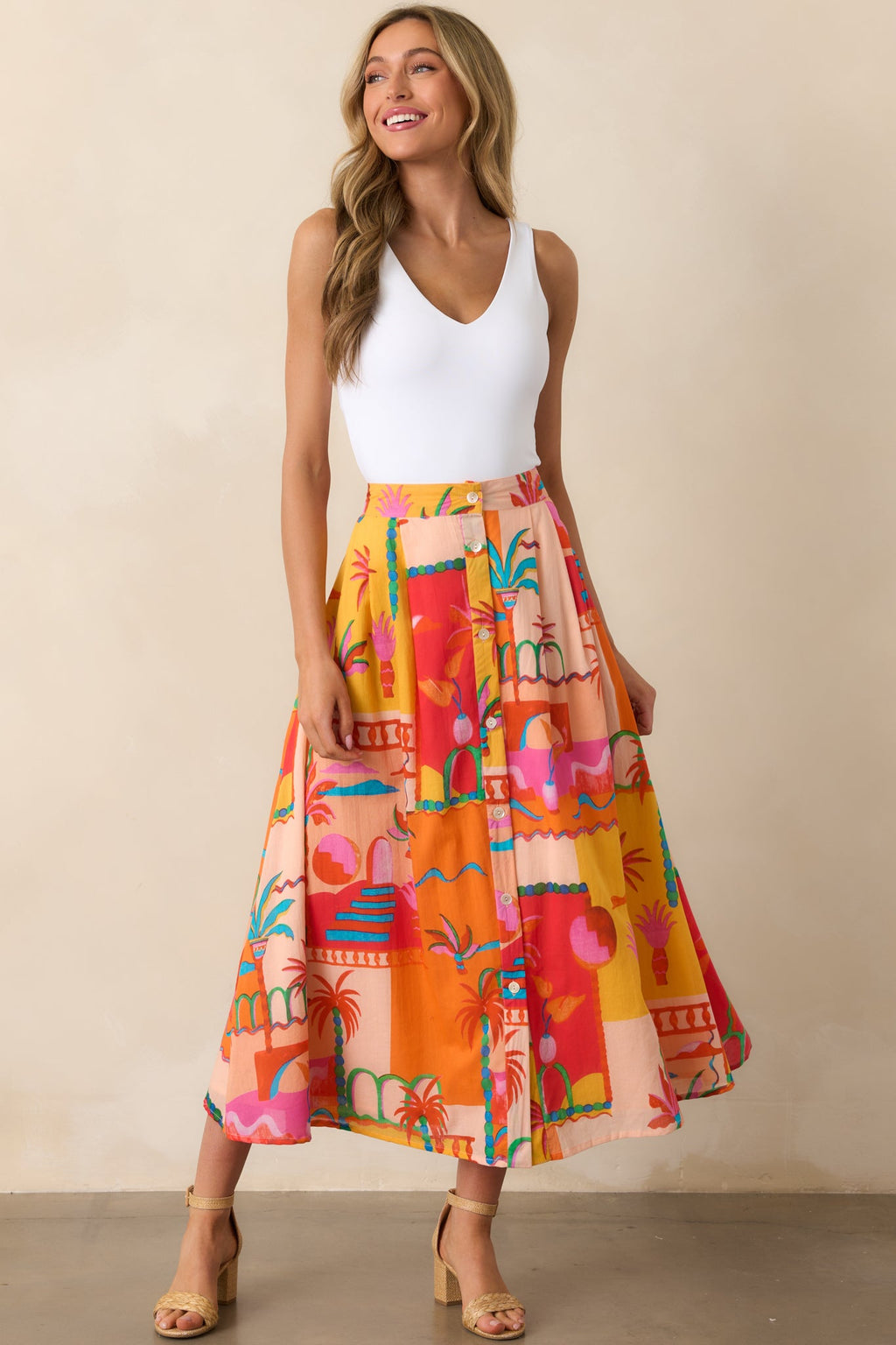 Bright Idea Orange Tropical Print Cotton Button Front Midi Skirt