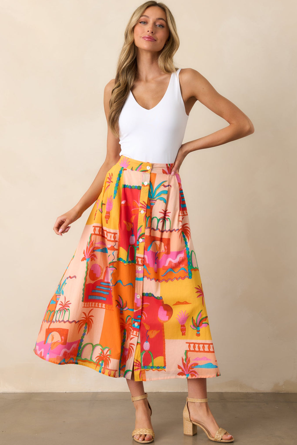 Bright Idea Orange Tropical Print Cotton Button Front Midi Skirt