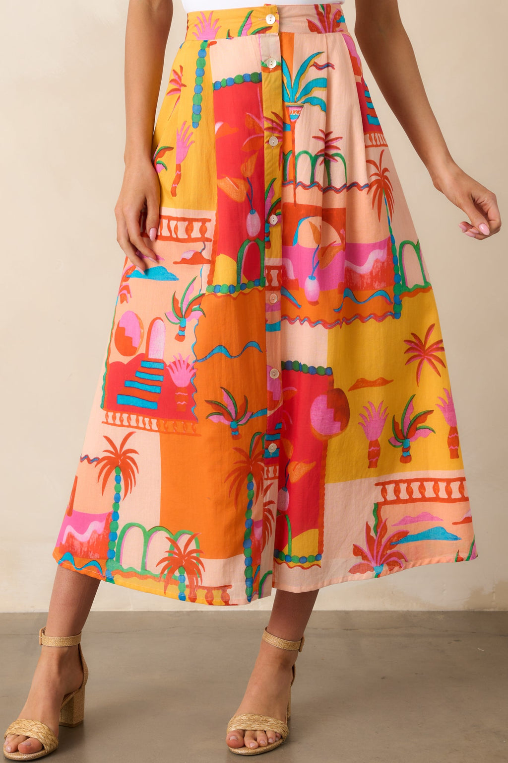 Bright Idea Orange Tropical Print Cotton Button Front Midi Skirt