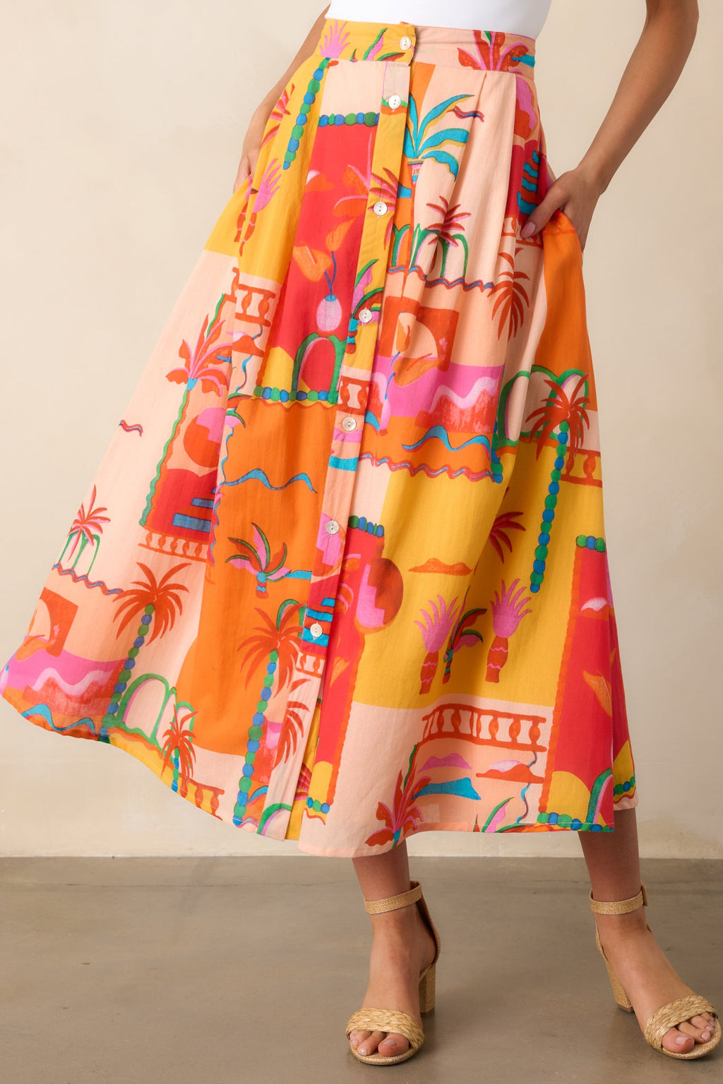 Bright Idea Orange Tropical Print Cotton Button Front Midi Skirt