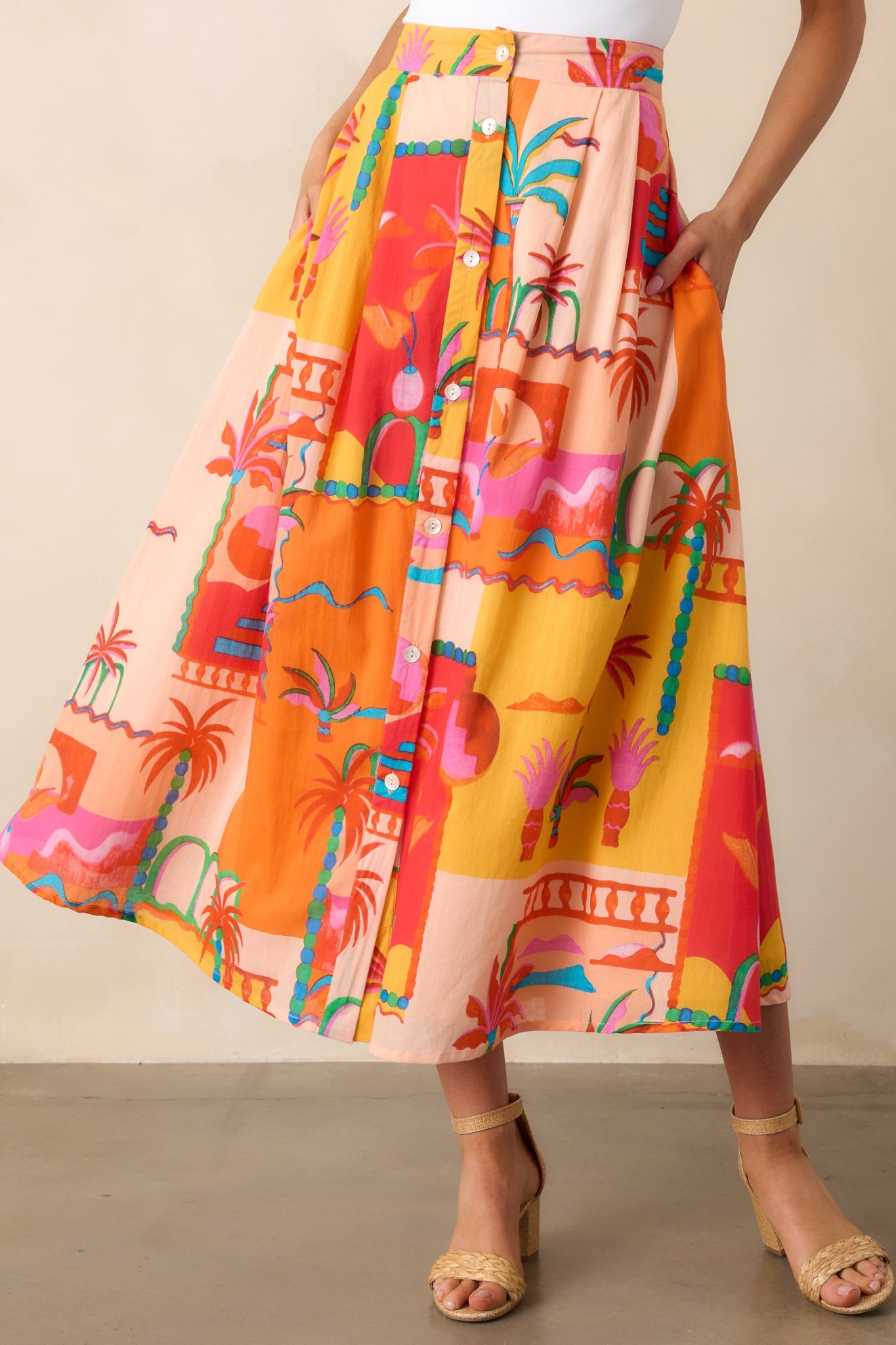 Bright Idea Orange Tropical Print Cotton Button Front Midi Skirt