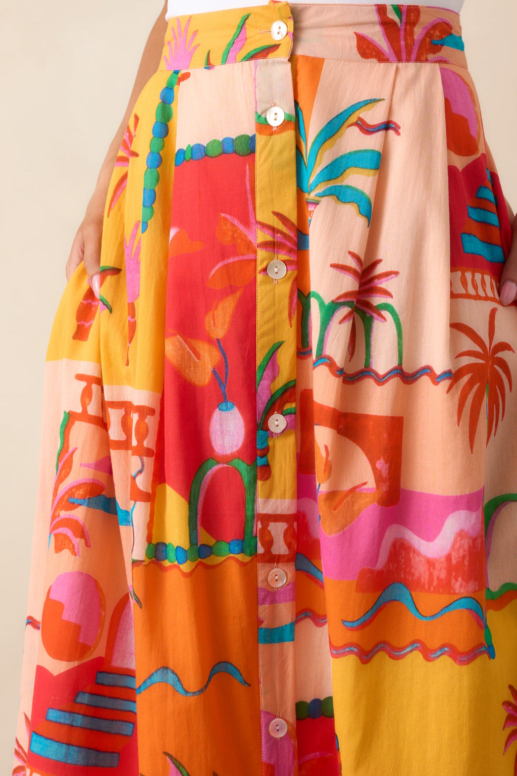 Bright Idea Orange Tropical Print Cotton Button Front Midi Skirt