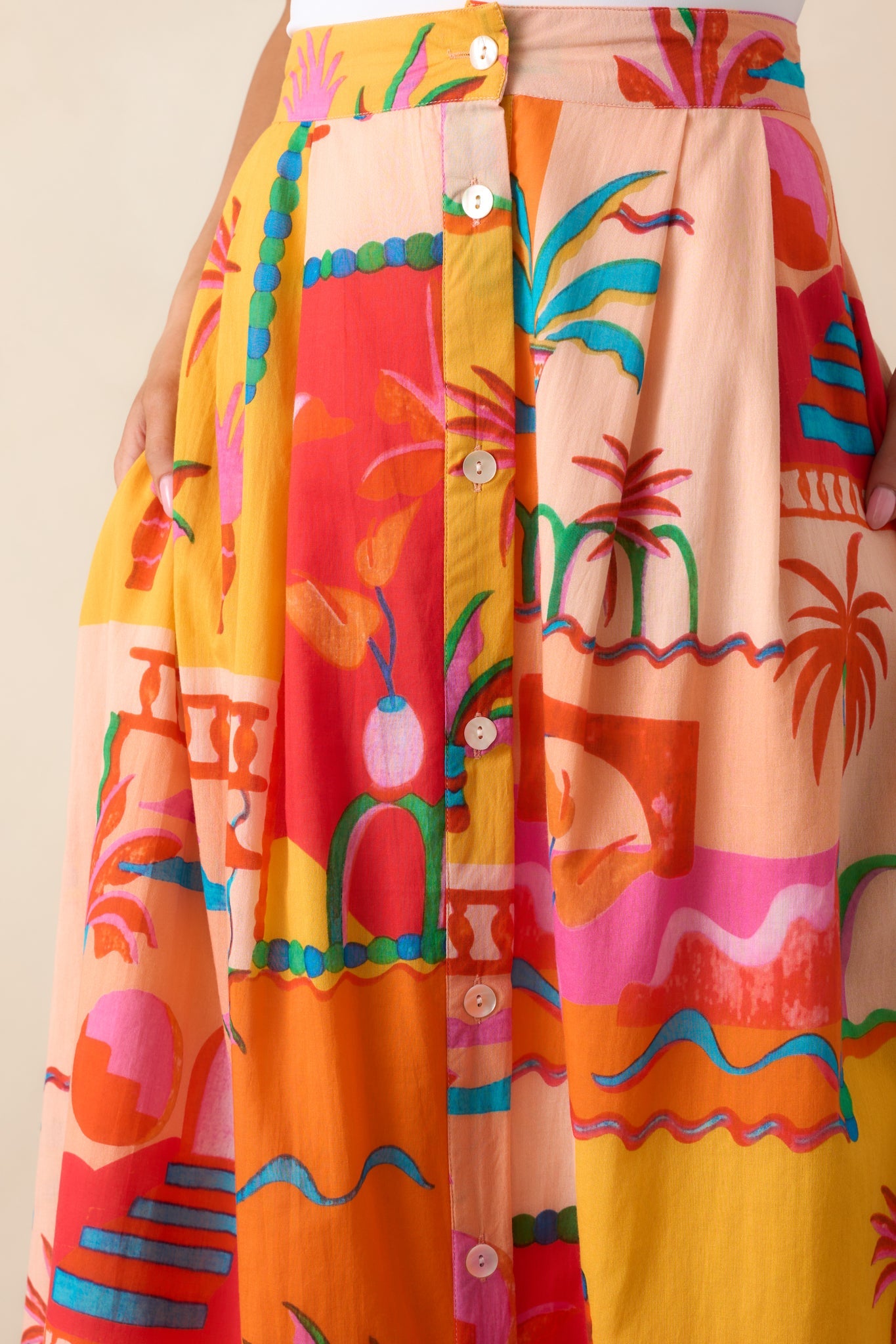 Bright Idea Orange Tropical Print Cotton Button Front Midi Skirt
