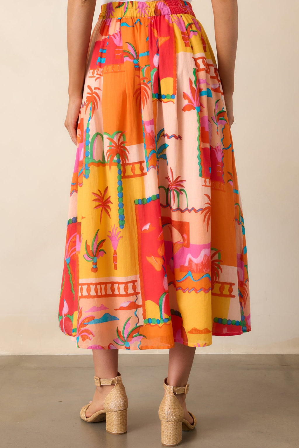 Bright Idea Orange Tropical Print Cotton Button Front Midi Skirt