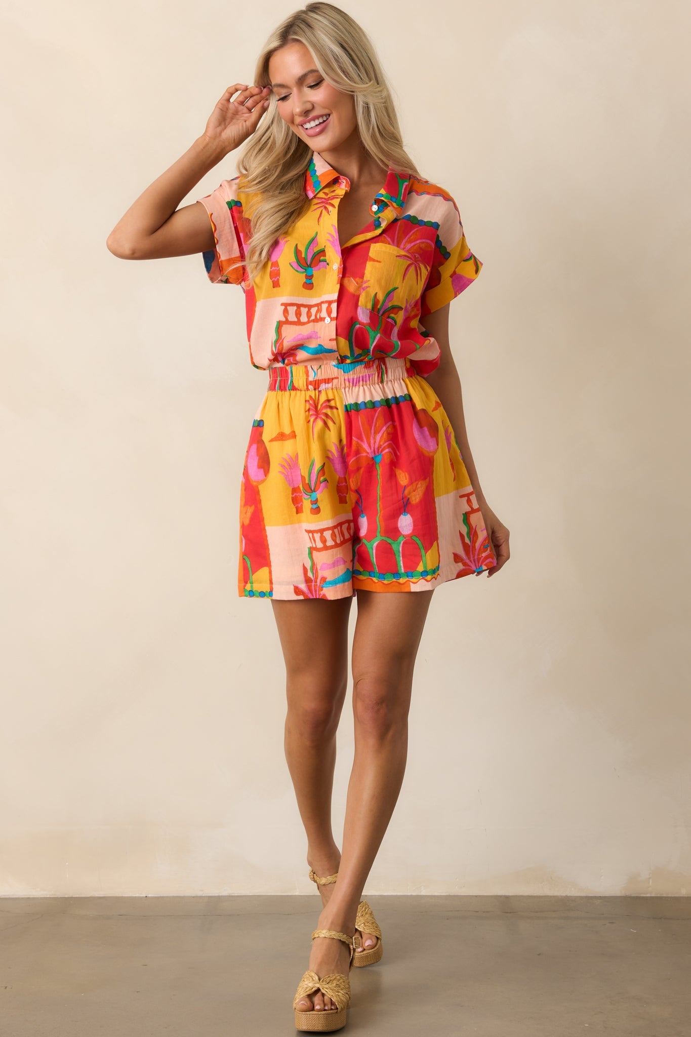 Coastal Glow Orange Tropical Print Cotton Shorts