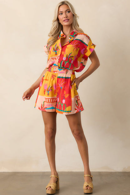 Coastal Glow Orange Tropical Print Cotton Shorts