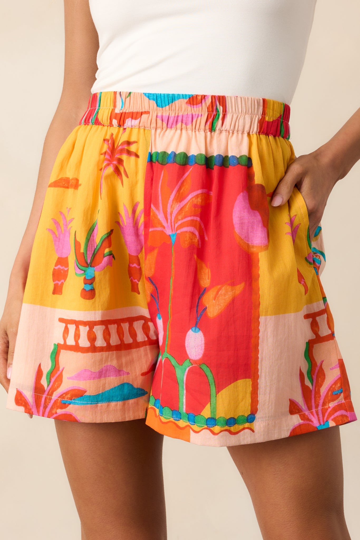 Coastal Glow Orange Tropical Print Cotton Shorts