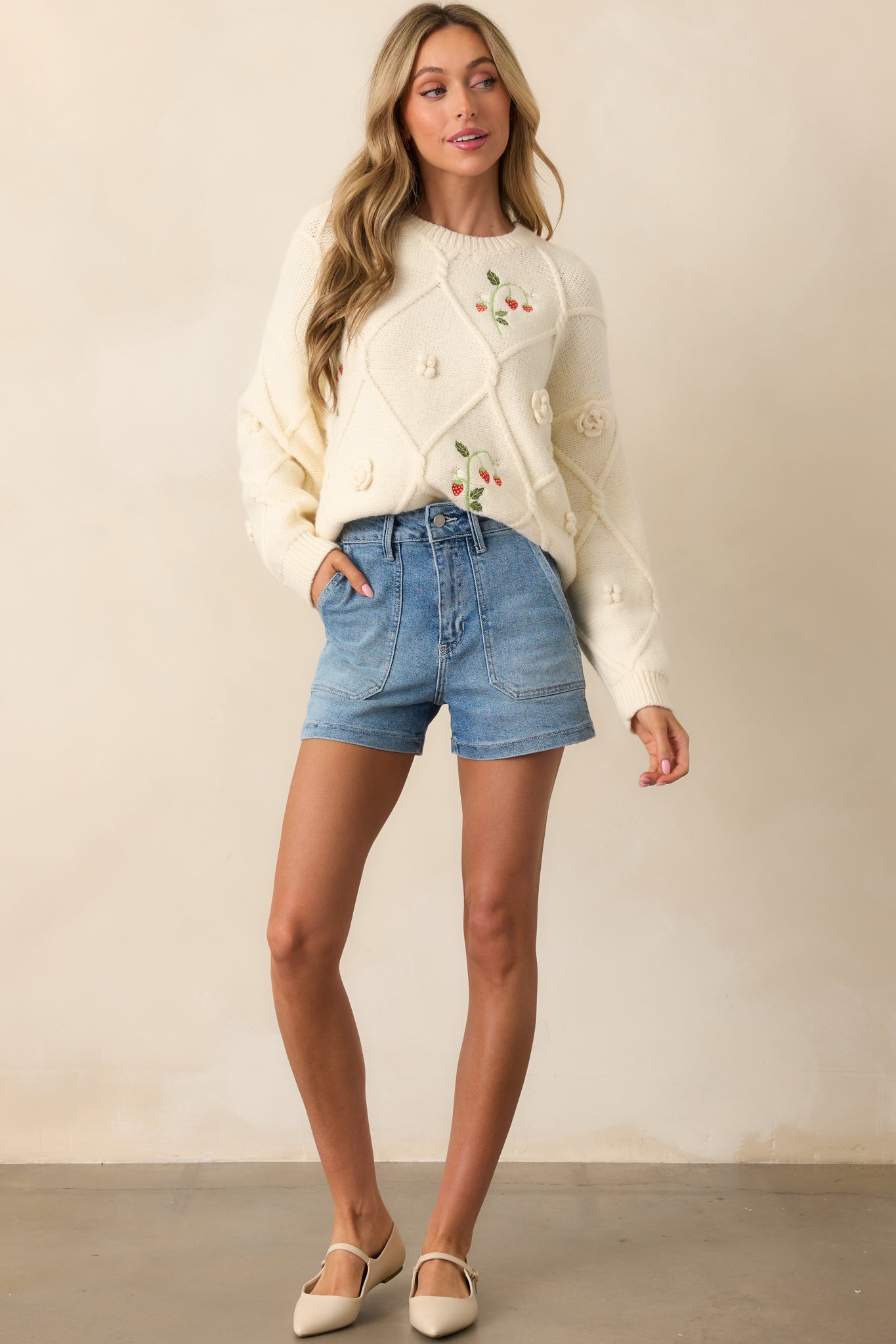 A Classic Touch Light Wash Cotton High Waisted Denim Shorts