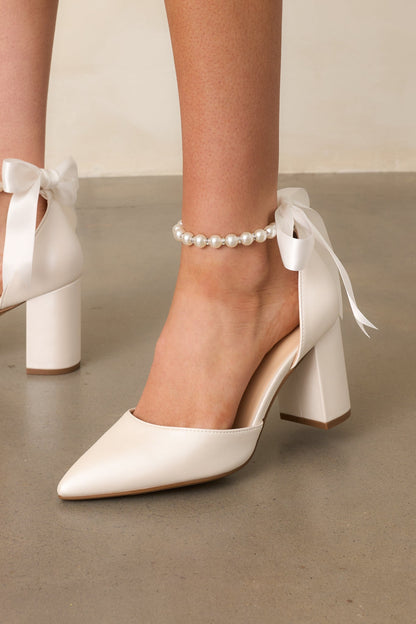 Just Felt Right Ivory Satin Pearl Ankle Strap Block Heels