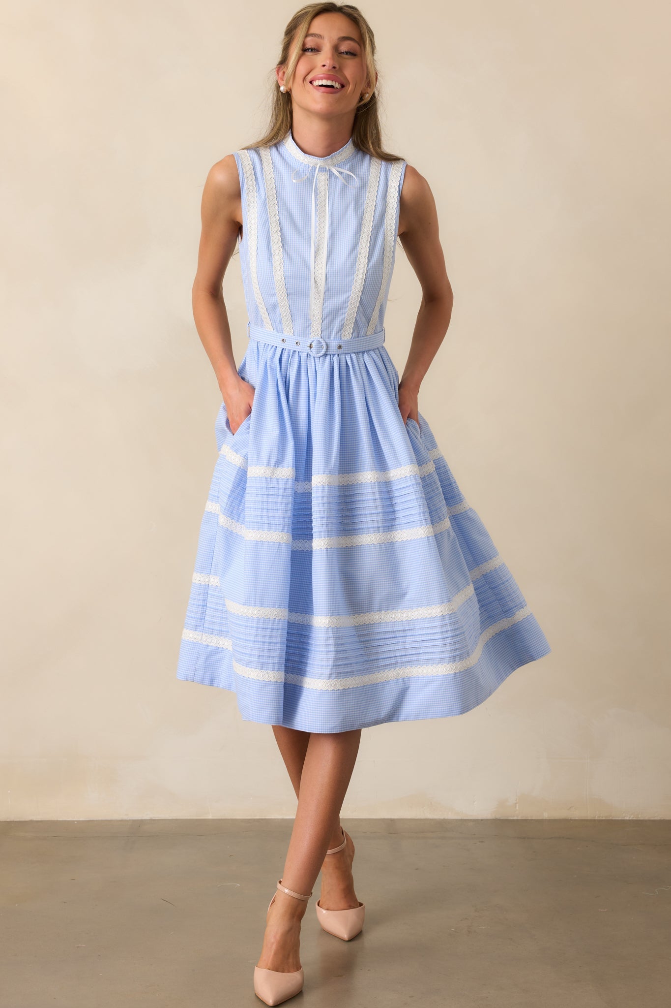 Emma Blue Micro Gingham Cotton Ribbon Trim Dress