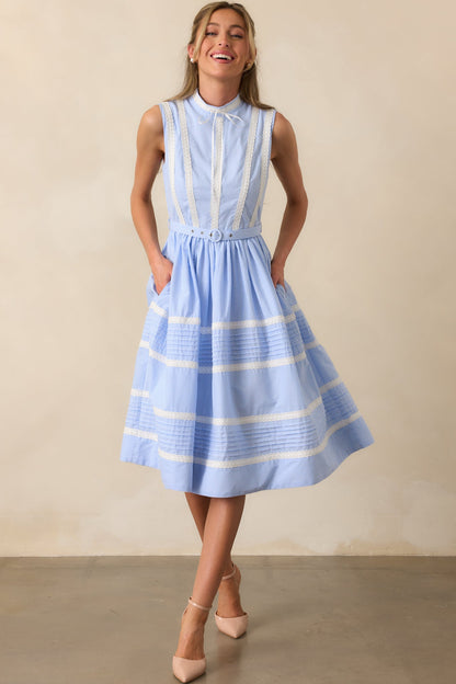 Emma Blue Micro Gingham Cotton Ribbon Trim Dress