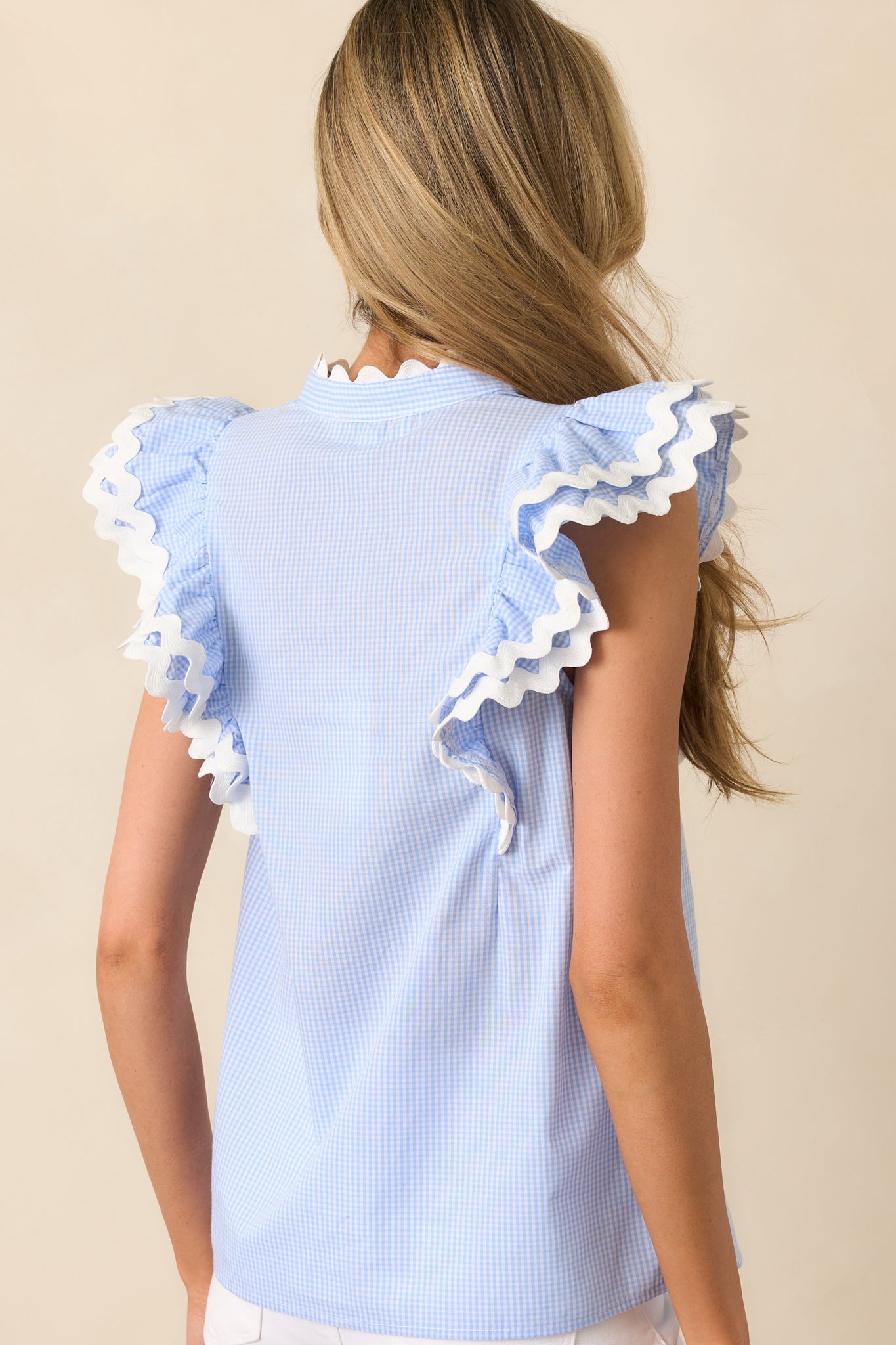 Caldwell Blue Micro Gingham Cotton Ruffle Top