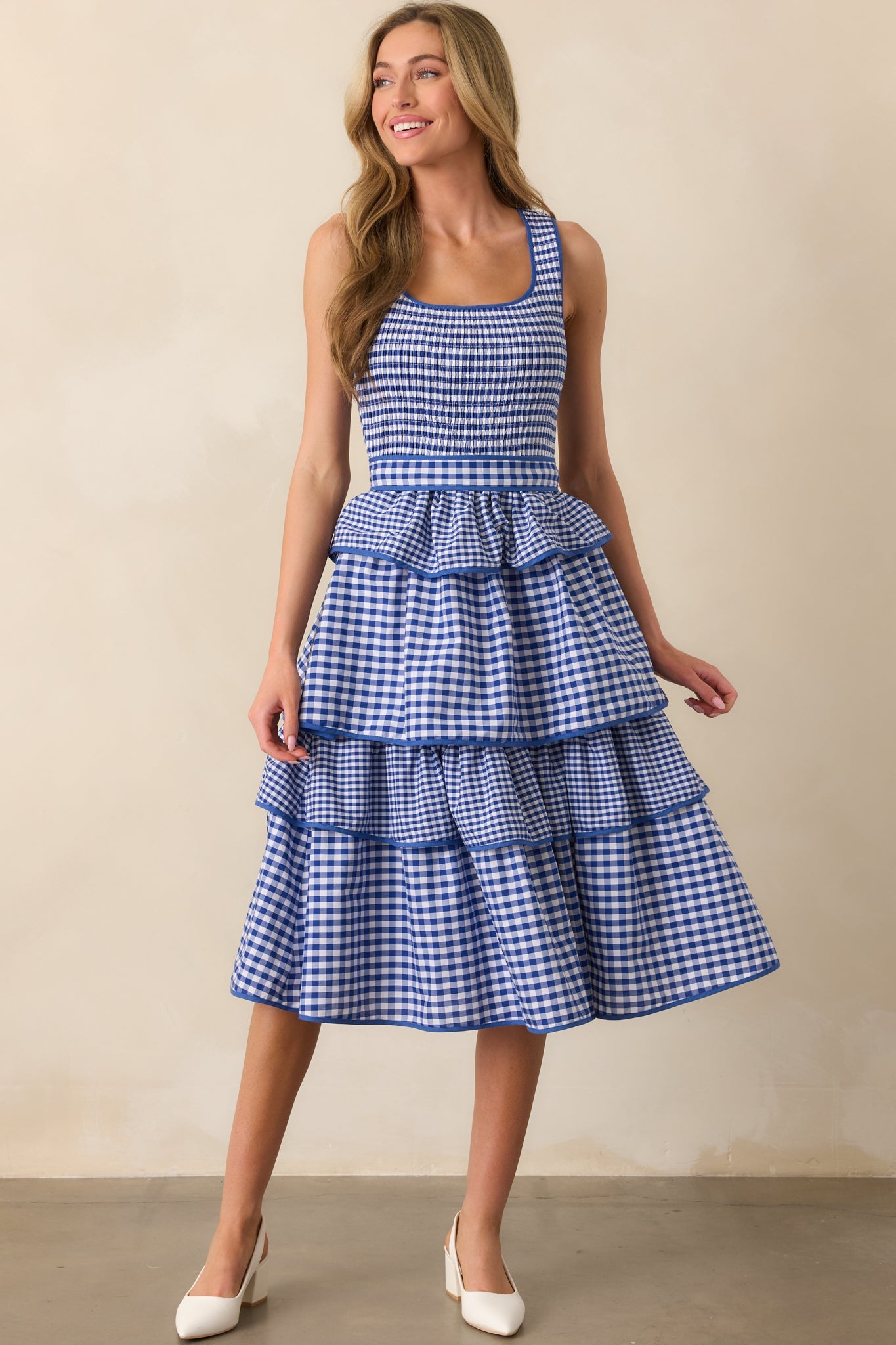 A Precious Life Blue Gingham Cotton Smocked Midi Dress