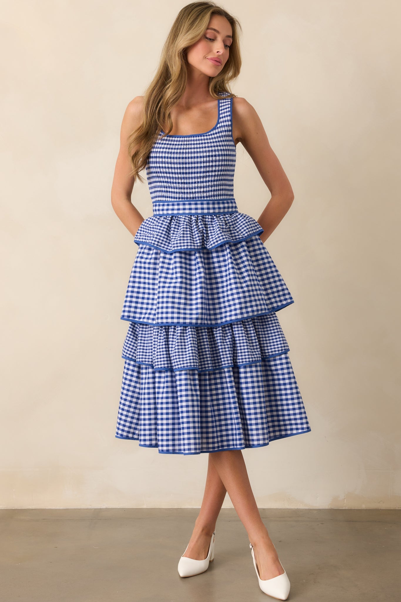 A Precious Life Blue Gingham Cotton Smocked Midi Dress