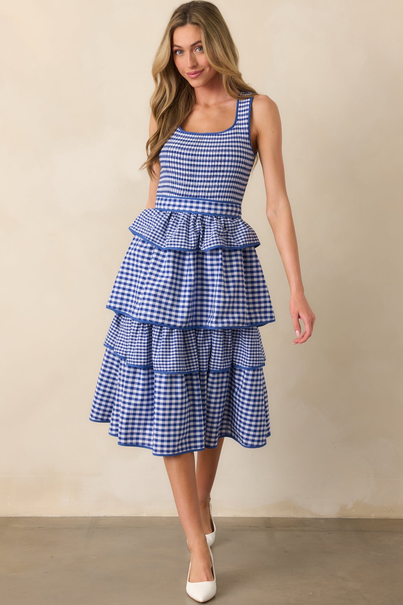 A Precious Life Blue Gingham Cotton Smocked Midi Dress