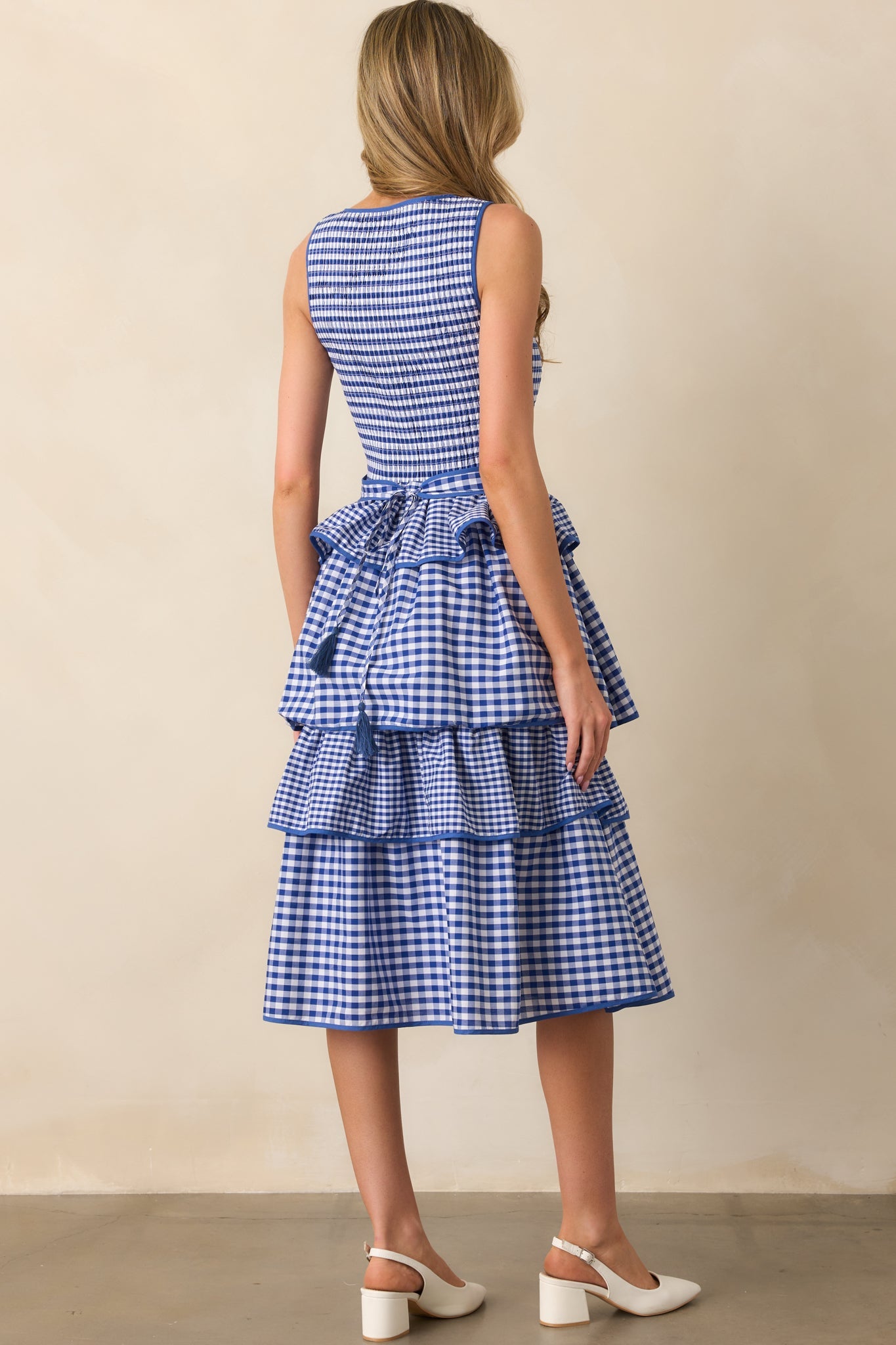 A Precious Life Blue Gingham Cotton Smocked Midi Dress