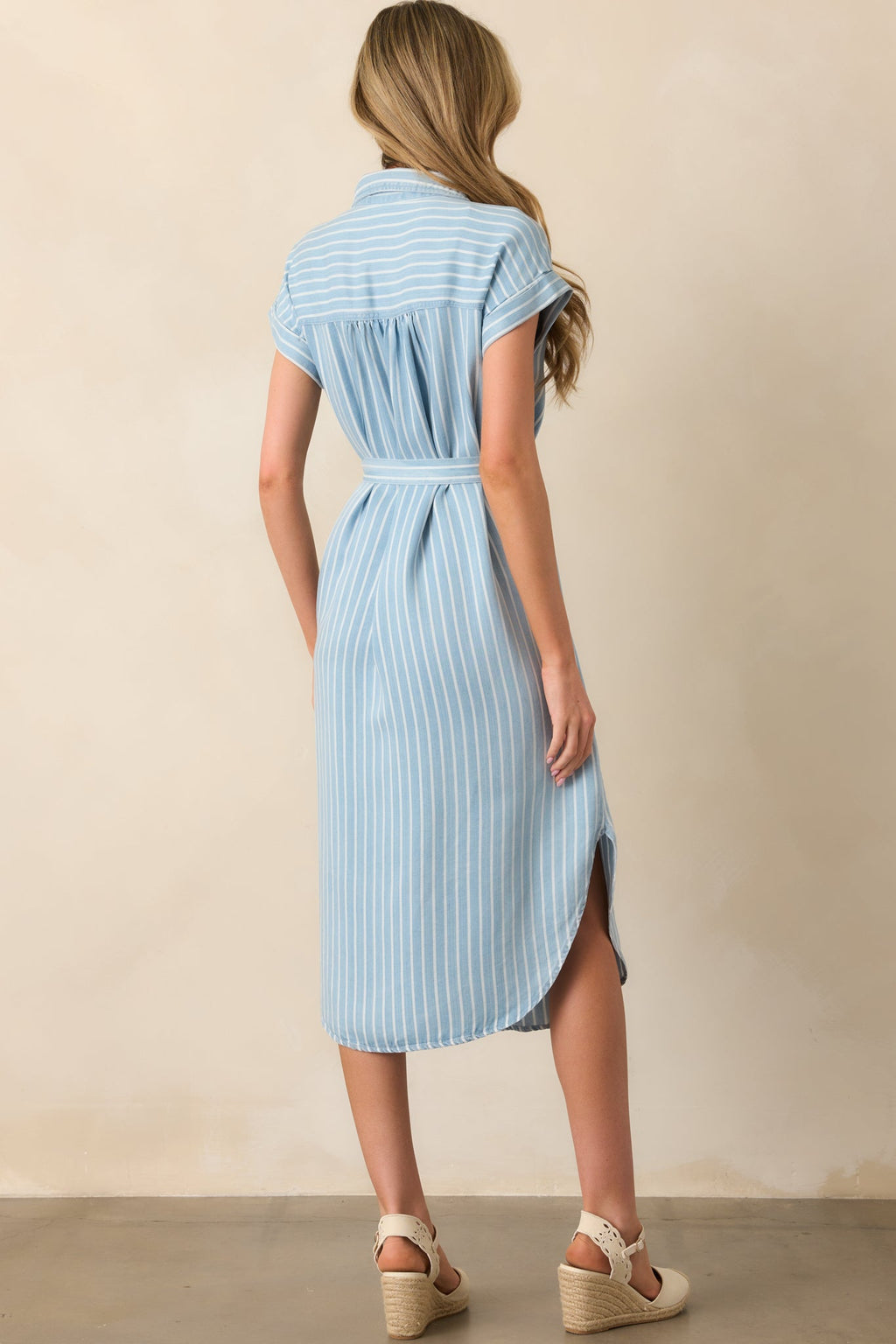 Begin Again Light Wash Chambray Stripe Midi Shirt Dress