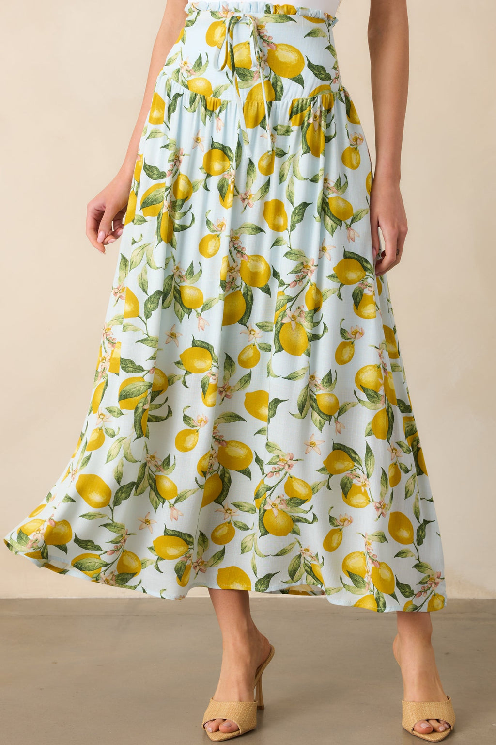 In My Flow Light Blue Lemon Print Drop Waist Maxi Skirt