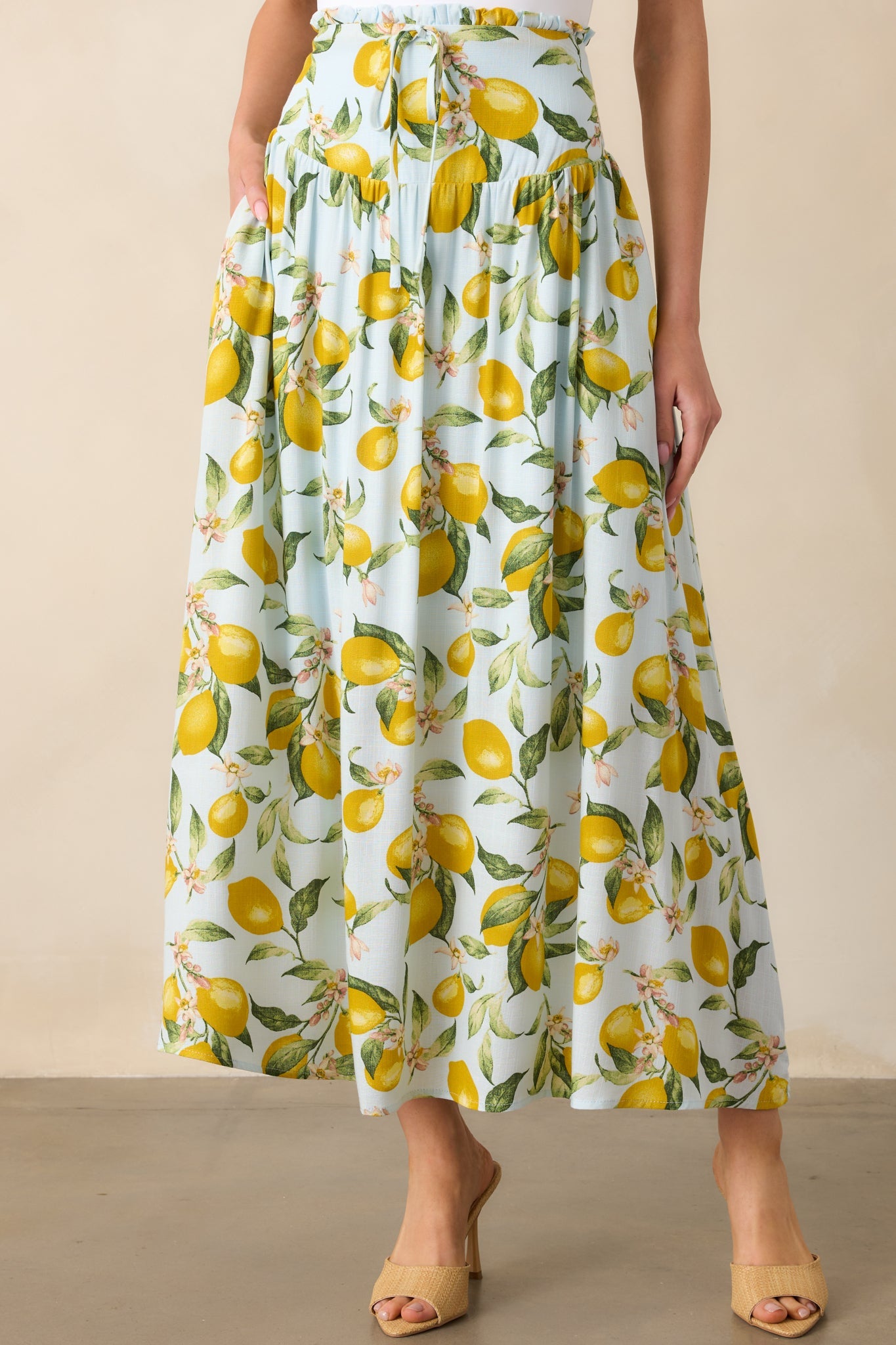 In My Flow Light Blue Lemon Print Drop Waist Maxi Skirt