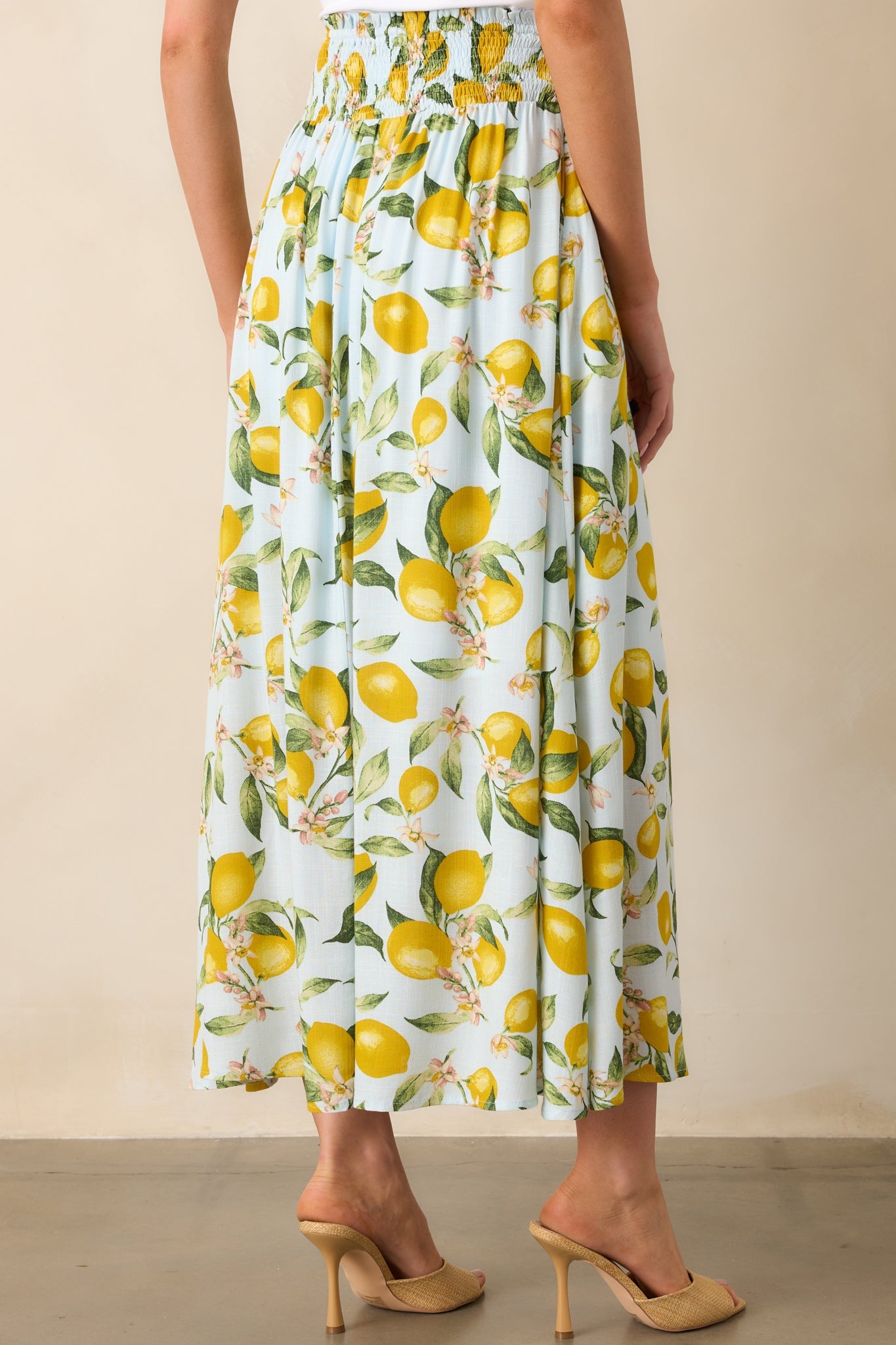 In My Flow Light Blue Lemon Print Drop Waist Maxi Skirt