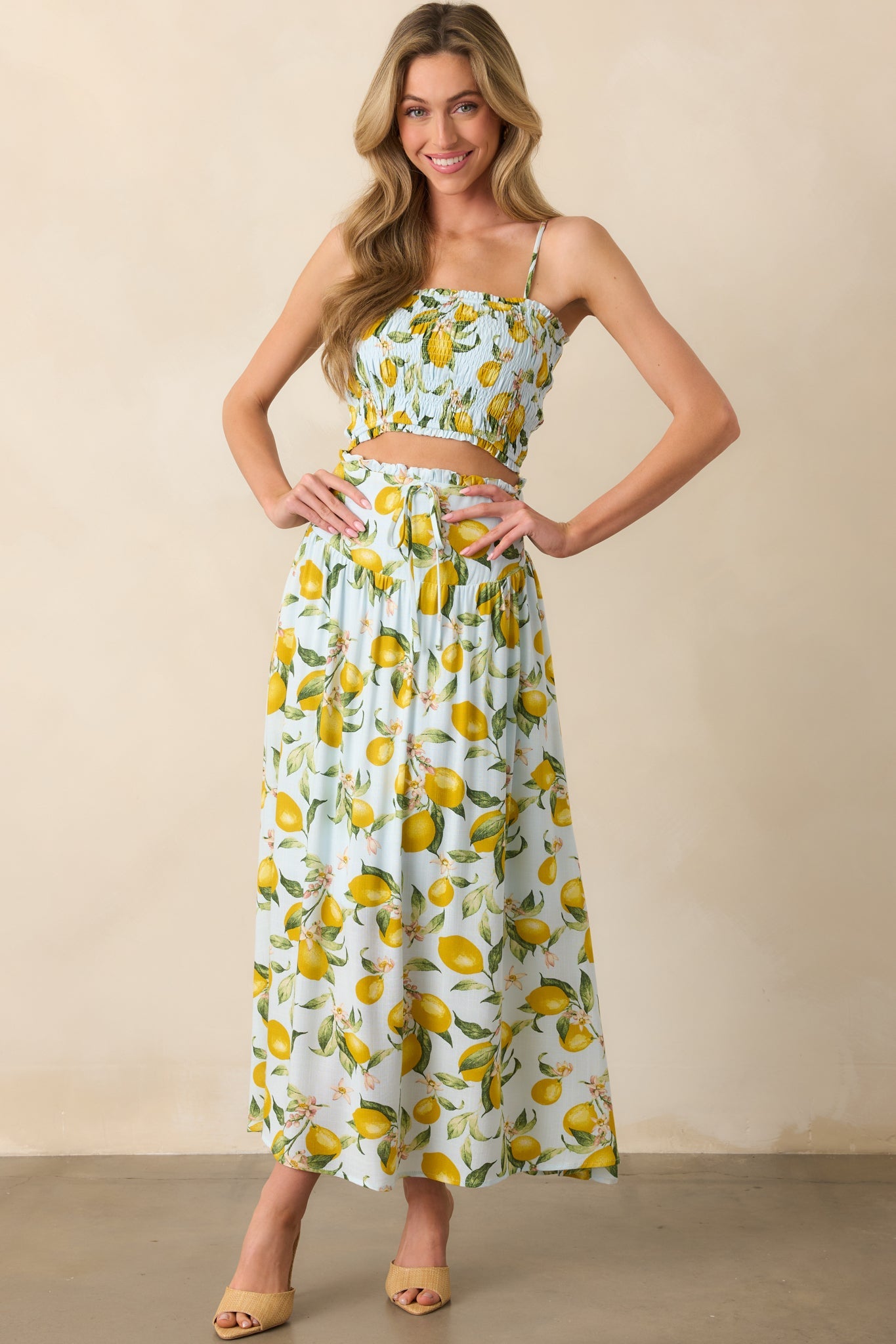 In My Flow Light Blue Lemon Print Drop Waist Maxi Skirt