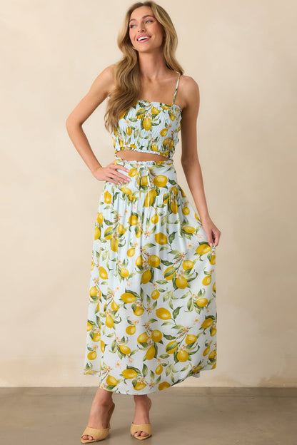 In My Flow Light Blue Lemon Print Drop Waist Maxi Skirt