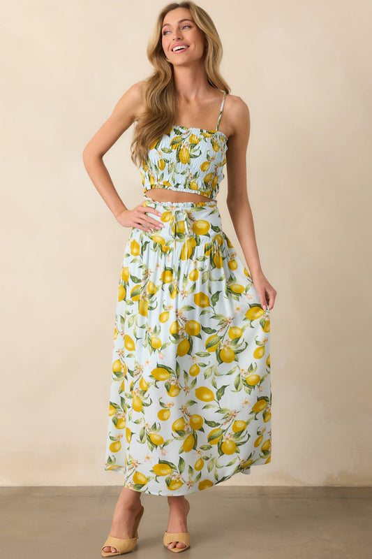In My Flow Light Blue Lemon Print Drop Waist Maxi Skirt