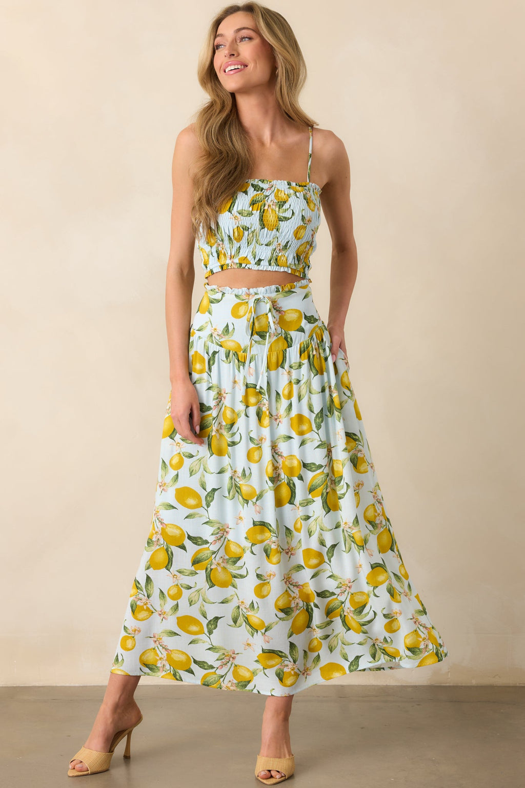 In My Flow Light Blue Lemon Print Drop Waist Maxi Skirt