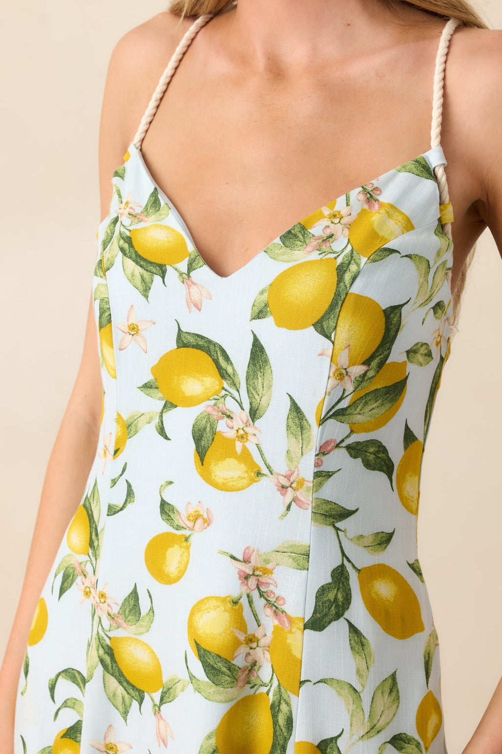 In The Shade Light Blue Lemon Print Cross Back Maxi Dress