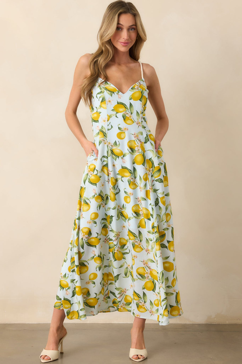 In The Shade Light Blue Lemon Print Cross Back Maxi Dress