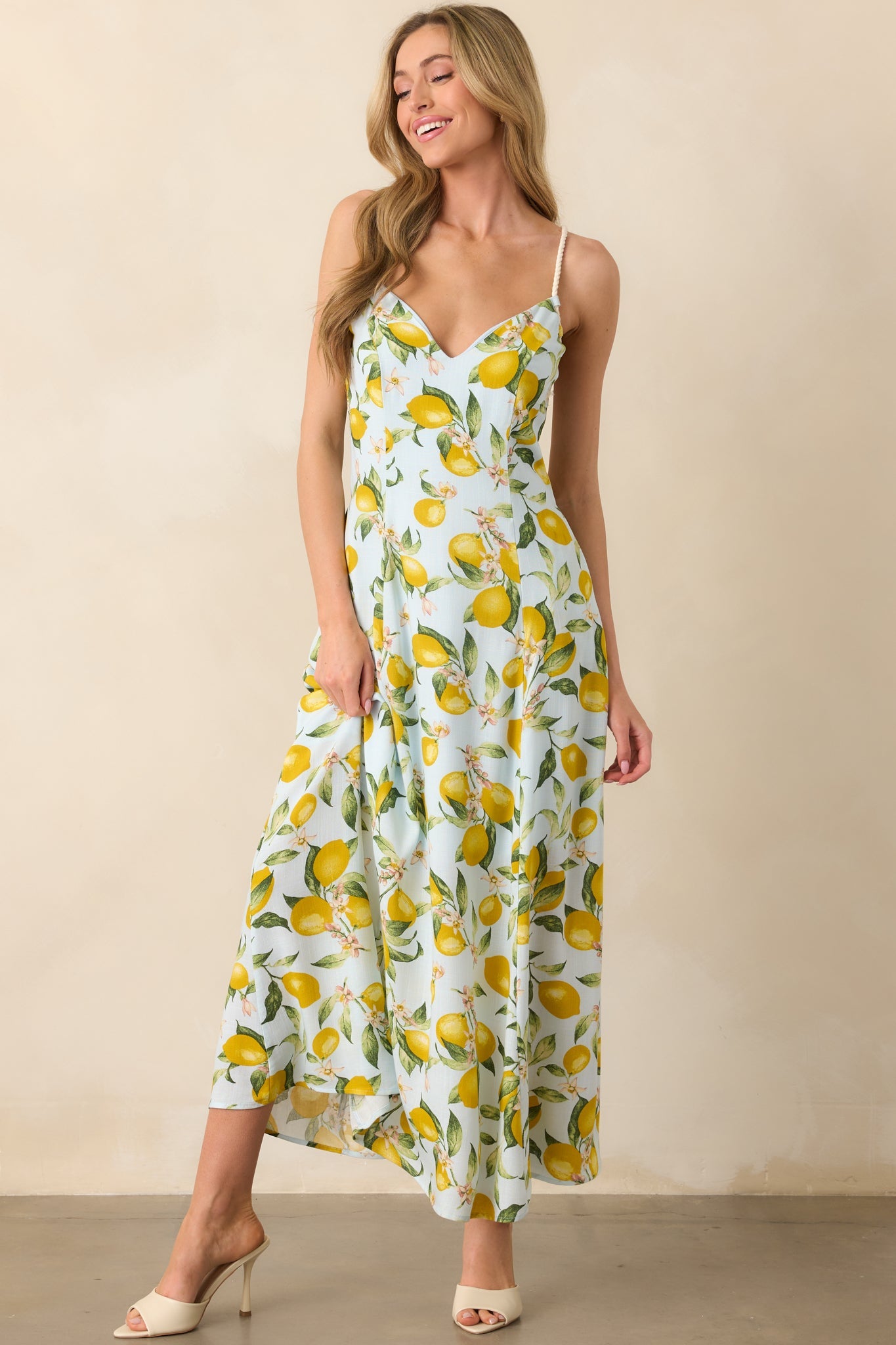 In The Shade Light Blue Lemon Print Cross Back Maxi Dress