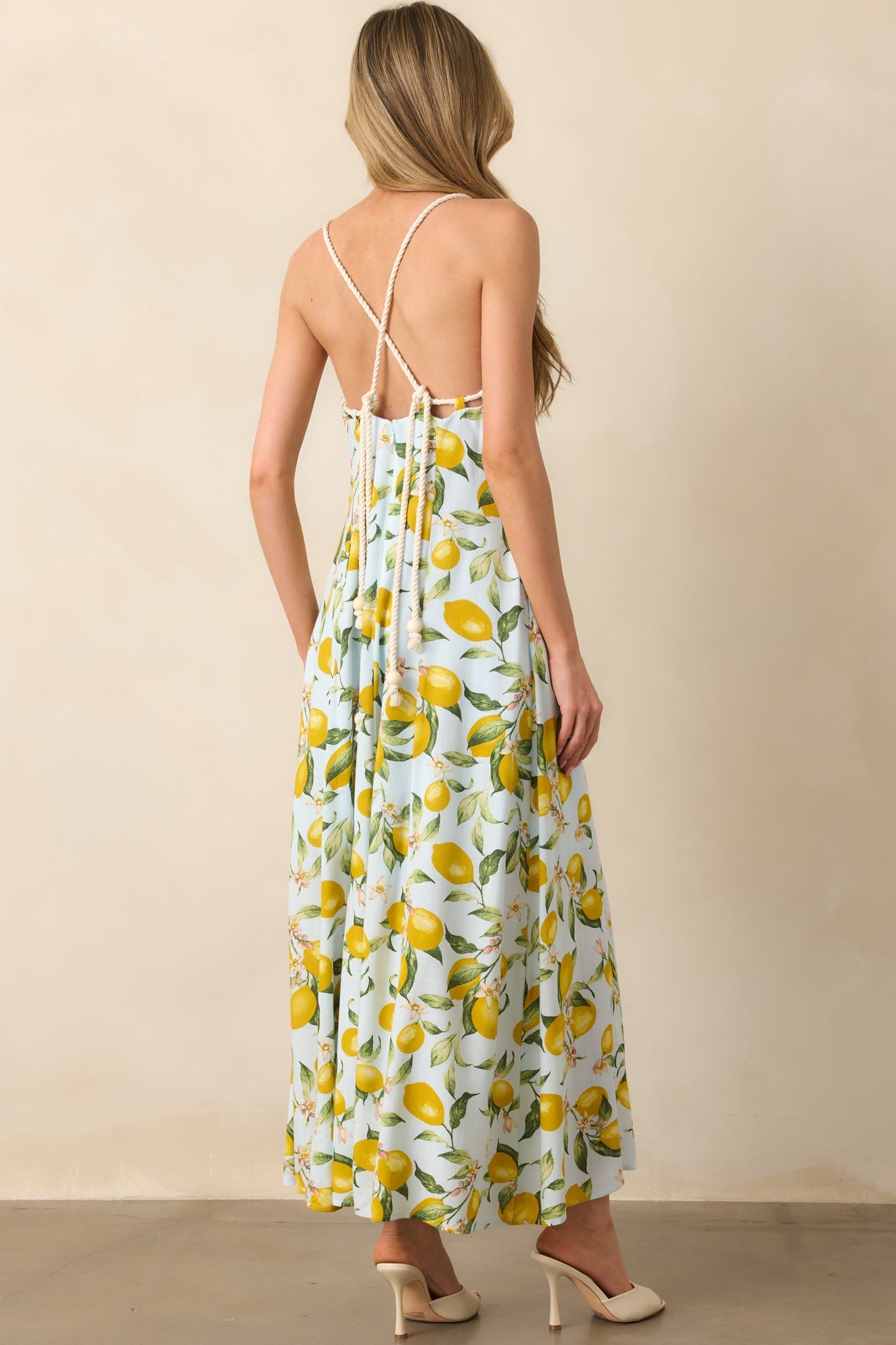 In The Shade Light Blue Lemon Print Cross Back Maxi Dress