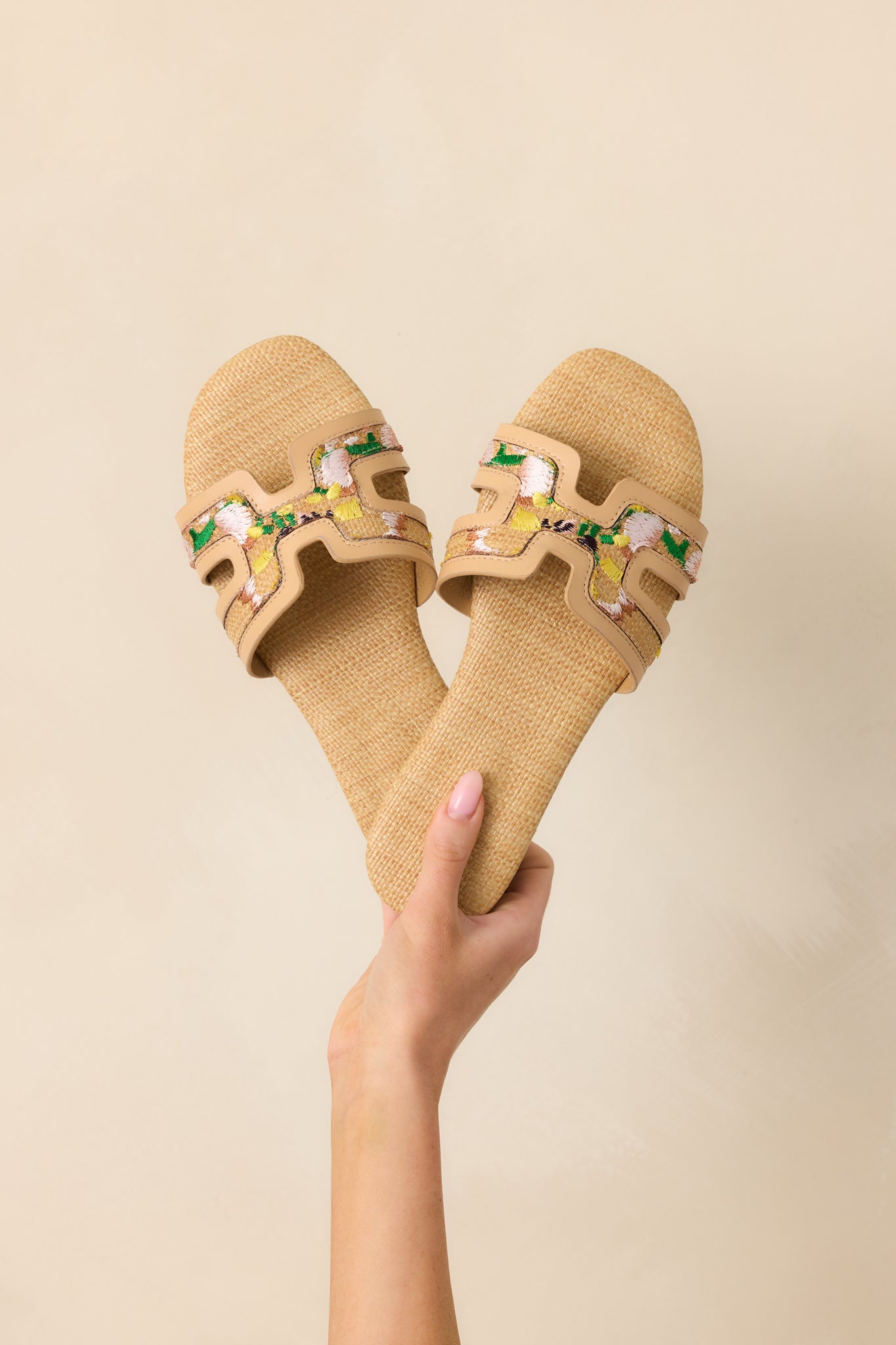 Let's Get Lost Natural Raffia Floral Embroidered Flat Sandals