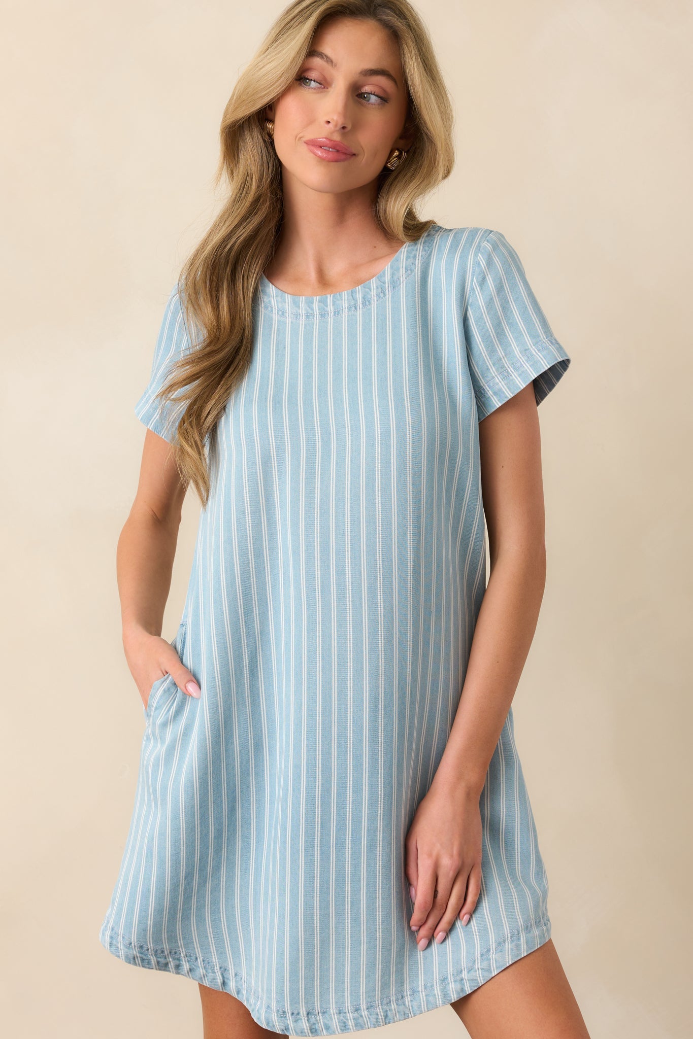 Finding The Courage Light Wash Stripe Chambray Mini Dress