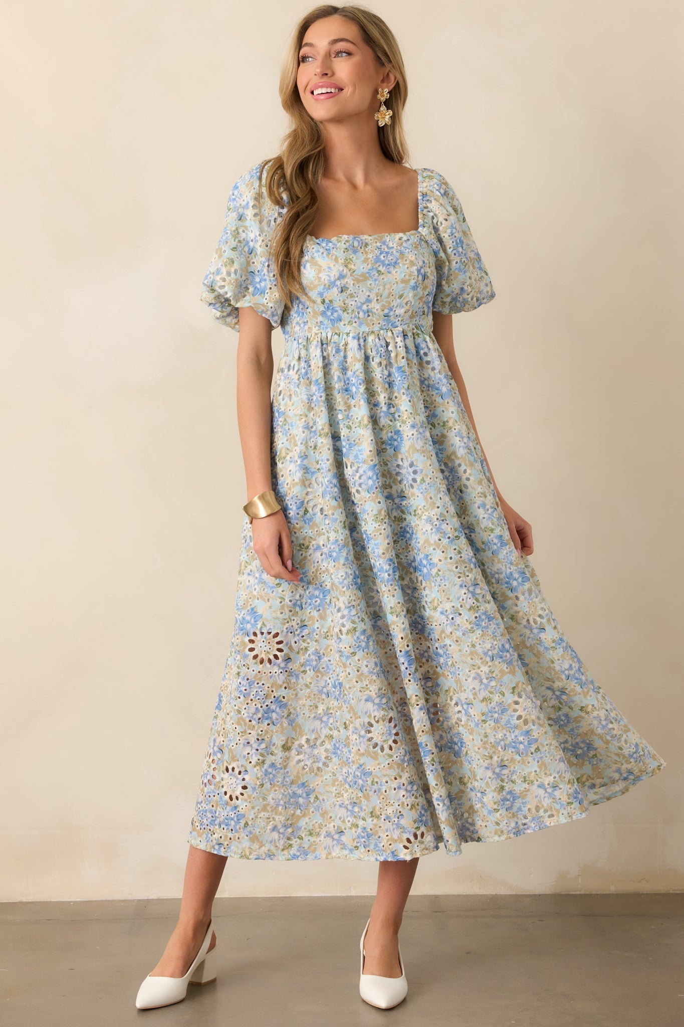 Evening Glow Light Blue Floral Embroidered Eyelet Midi Dress