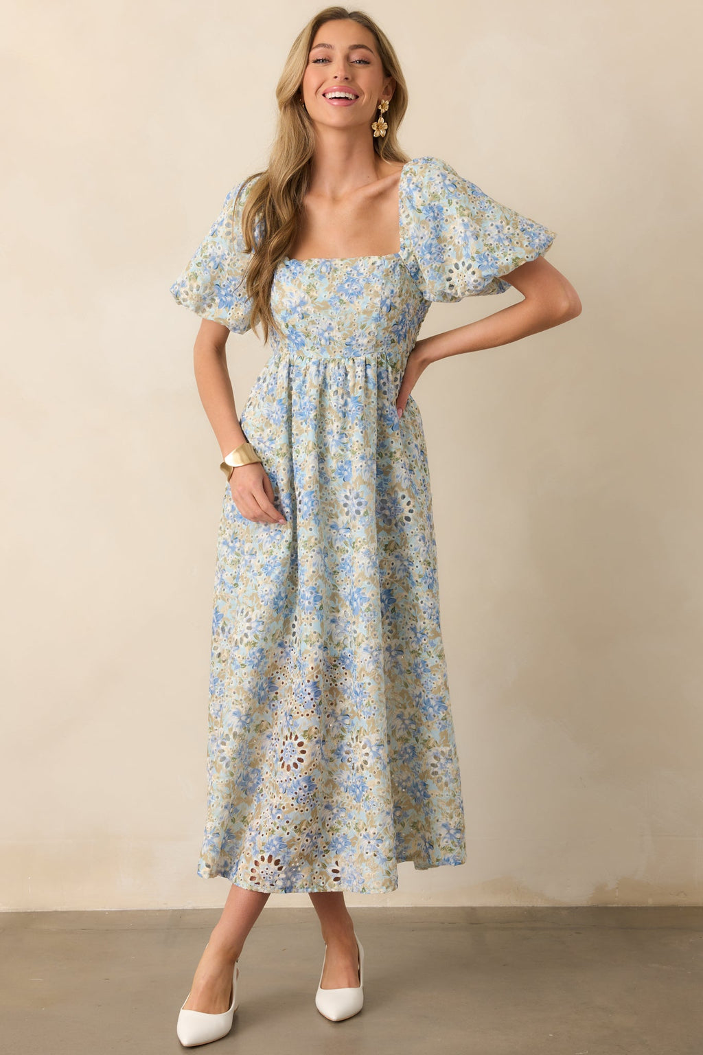 Evening Glow Light Blue Floral Embroidered Eyelet Midi Dress