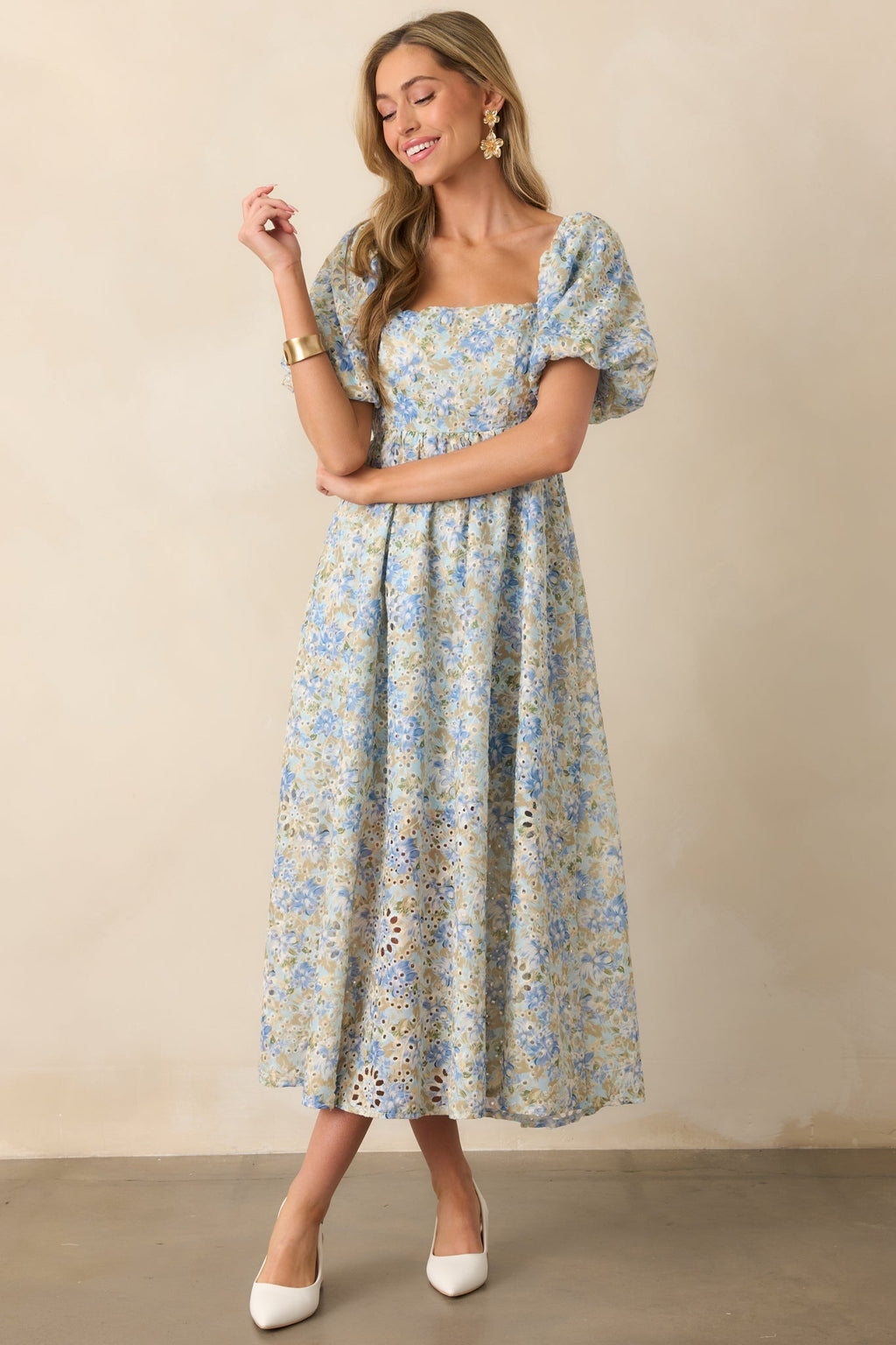 Evening Glow Light Blue Floral Embroidered Eyelet Midi Dress