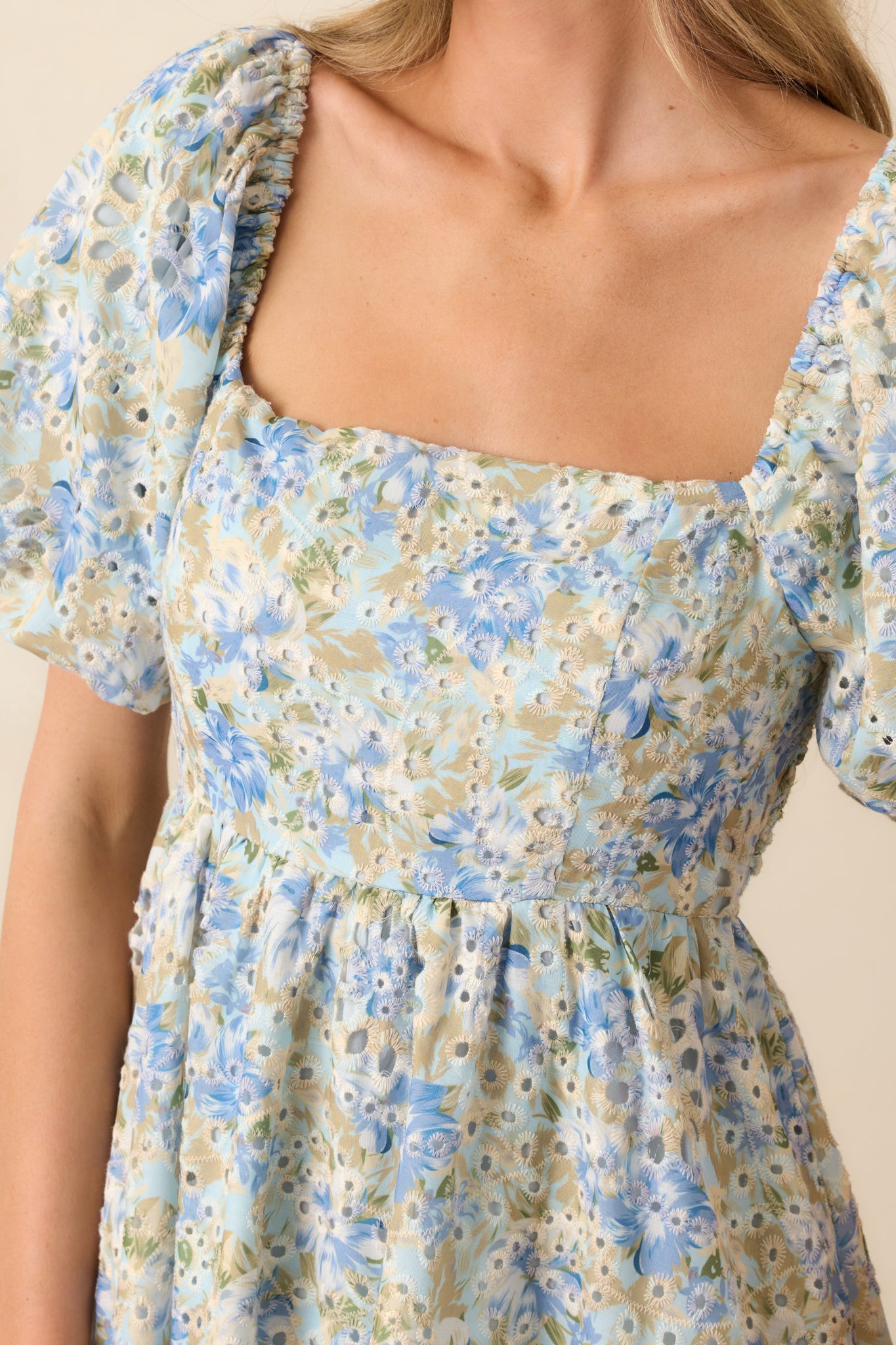 Evening Glow Light Blue Floral Embroidered Eyelet Midi Dress