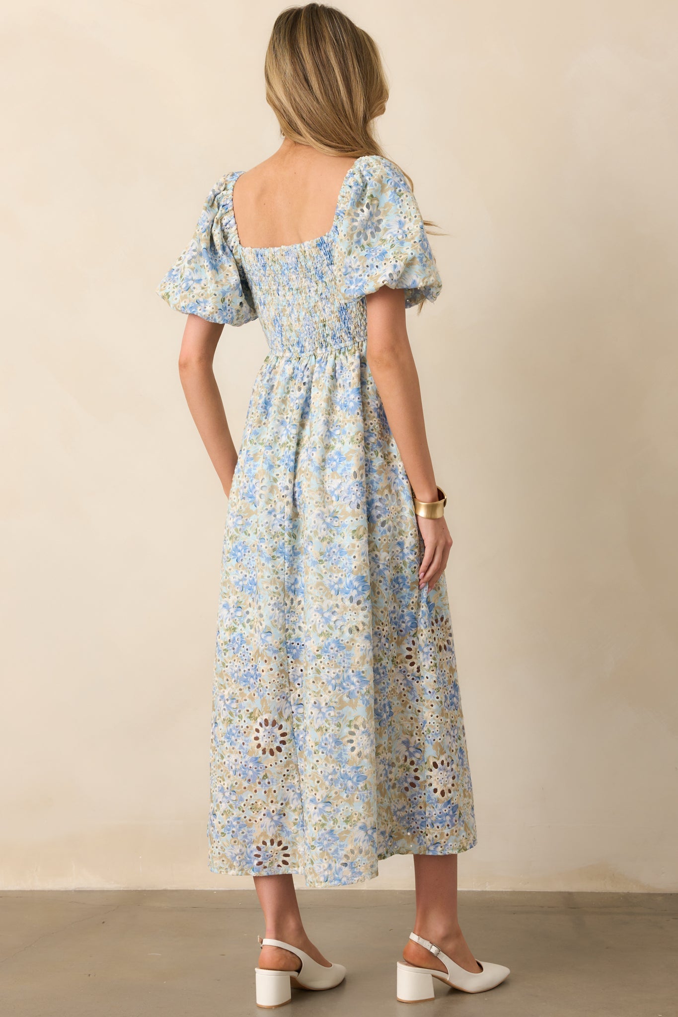 Evening Glow Light Blue Floral Embroidered Eyelet Midi Dress