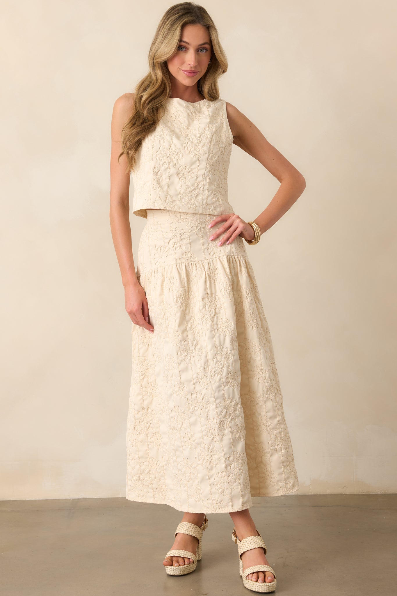 Evening Delights Beige Floral Embroidered Midi Skirt