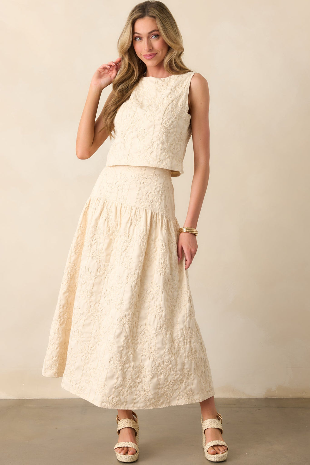 Evening Delights Beige Floral Embroidered Midi Skirt