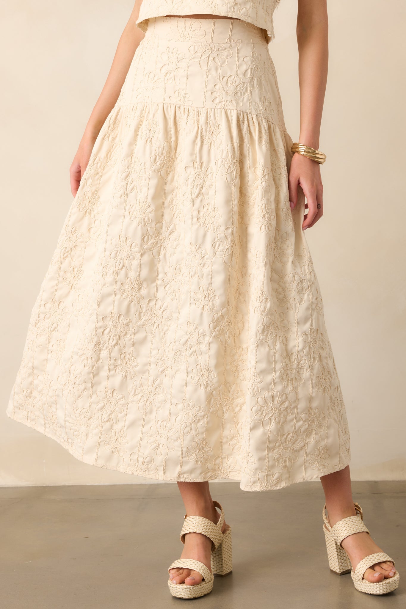 Evening Delights Beige Floral Embroidered Midi Skirt